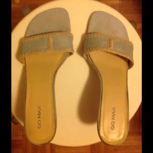 Go Max Powder Blue Suede/Tan Crochet Heeled Mules